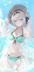 Rule 34 | 1girl, absurdres, alternate costume, alternate hairstyle, aqua bikini, bikini, bird, black hairband, blue pupils, blue sky, blush, breasts, cleavage, cloud, cowboy shot, firefly (honkai: star rail), front-tie bikini top, front-tie top, grey hair, hairband, hands up, hat, highres, holding, holding clothes, holding hat, honkai: star rail, honkai (series), layered bikini, looking at viewer, medium breasts, navel, nei1122, ocean, open mouth, purple eyes, see-through, see-through shirt, shade, shirt, side-tie bikini bottom, sky, solo, stomach, straw hat, swimsuit, updo, wading, white bird, white shirt