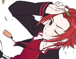 Rule 34 | 1boy, androgynous, asahina yuusuke, braid, leaf, looking at viewer, male focus, red eyes, red hair, short hair, simple background, solo, takeuchi aya, twin braids, upper body, white background