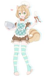 Rule 34 | +++ (artist), 1boy, animal ears, apron, blush, bowl, chef hat, full body, green eyes, green thighhighs, hat, highres, looking at viewer, male focus, original, simple background, slippers, smile, solo, spatula, squirrel ears, squirrel tail, striped clothes, striped thighhighs, tail, thighhighs, trap, white background