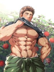 Rule 34 | 1boy, abs, bara, bare pectorals, cowboy shot, facial hair, farmer, field, hairy, large pectorals, lifting own clothes, looking at another, male focus, mature male, muscular, muscular male, navel, nipples, original, pectorals, sanpaku, short hair, shredded muscles, sideburns stubble, solo, sparse arm hair, sparse chest hair, sparse navel hair, standing, stomach, stubble, sunfight0201, sweat, thick eyebrows, very sweaty, wiping sweat