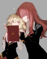 Rule 34 | 10s, 2girls, age difference, ahoge, akuma no riddle, blonde hair, blush, brown hair, business suit, covering own mouth, embarrassed, formal, grey background, grin, hand on another&#039;s shoulder, hashiri nio, height difference, long hair, long sleeves, looking at another, looking at viewer, minakata sunao, multiple girls, official art, open mouth, pink eyes, red eyes, revision, school uniform, simple background, smile, suit, tablet pc, yuri, yuri meichi