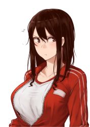 Rule 34 | 1girl, black eyes, black hair, blush, breasts, brown eyes, brown hair, collarbone, eyebrows, hair between eyes, highres, jacket, large breasts, long hair, long sleeves, looking at viewer, looking away, mole, mole under eye, original, pout, rucchiifu, sidelocks, simple background, solo, taut clothes, track jacket, upper body, white background
