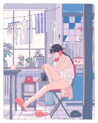 Rule 34 | 1girl, absurdres, aorkgk, black cat, black hair, blouse, book, bra, braid, braided ponytail, camisole, cat, chair, closed eyes, cup, highres, holding, holding phone, kitchen, laundry, leg up, looking to the side, mug, nail polish, original, paintbrush, panties, phone, pot, shirt, single braid, sitting, slippers, socks, striped towel, talking on phone, underwear, white bra, white camisole, white panties, white shirt, window