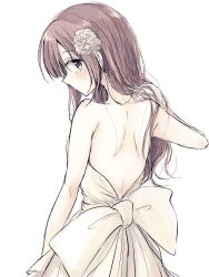 1girl back backless_dress backless_outfit baran._(ba_ra_ran) bare_back bare_shoulders blush breasts brown_hair commentary dress from_behind highres idolmaster idolmaster_cinderella_girls igarashi_kyoko long_hair looking_at_viewer looking_back medium_breasts sidelocks simple_background solo strapless strapless_dress upper_body white_background white_dress yellow_eyes