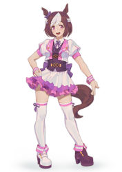 Rule 34 | 1girl, :d, animal ears, asymmetrical footwear, black footwear, black vest, boots, bow, brown eyes, brown hair, collared shirt, commentary request, full body, hair bow, high heel boots, high heels, highres, horse ears, horse girl, horse tail, jacket, looking at viewer, mismatched footwear, multicolored hair, neck ribbon, open mouth, pleated skirt, puffy short sleeves, puffy sleeves, purple bow, purple ribbon, ribbon, shirt, short sleeves, simple background, skirt, smile, solo, special week (umamusume), standing, streaked hair, sunligh mao, tail, teeth, thighhighs, umamusume, upper teeth only, vest, white background, white footwear, white hair, white jacket, white shirt, white skirt, white thighhighs, wristband