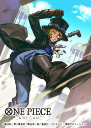 Rule 34 | 1boy, ascot, black eyes, black hat, blonde hair, clenched teeth, commentary request, english text, goggles, goggles on headwear, hat, highres, holding, holding weapon, lead pipe, male focus, official art, one piece, one piece card game, outdoors, sabo (one piece), scar, scar across eye, scar on face, short hair, smile, solo, sunohara (encount), teeth, top hat, translation request, weapon, white ascot
