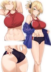 Rule 34 | 1girl, abs, absurdres, aegis (takunomi), armpits, arms up, ass, bare shoulders, black buruma, blonde hair, blue jacket, breasts, buruma, collarbone, duplicate, elf, folded ponytail, green eyes, hair ornament, hairclip, highres, jacket, large breasts, long hair, looking at viewer, midriff, motion lines, multiple views, navel, off shoulder, open clothes, open jacket, original, pointy ears, sidelocks, simple background, sports bra, stomach, takunomi, thighs, white background