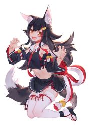 Rule 34 | 1girl, animal ears, bell, black hair, breasts, collarbone, commentary, detached sleeves, fang, full body, hair ornament, hairclip, highres, hololive, izumi sai, kneeling, long hair, looking at viewer, medium breasts, midriff, navel, ookami mio, ookami mio (1st costume), open mouth, orange eyes, simple background, sleeveless, slippers, solo, tail, thighhighs, virtual youtuber, white background, wolf ears, wolf tail