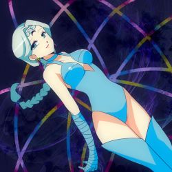 Rule 34 | 1990s (style), 1girl, beruche (sailor moon), bishoujo senshi sailor moon, bishoujo senshi sailor moon r, black moon clan, blue eyes, blue hair, blue thighhighs, braid, choker, crescent, crescent facial mark, dutch angle, earrings, facial mark, forehead mark, gloves, jewelry, leotard, long hair, matching hair/eyes, moon, retro artstyle, smile, solo, swimsuit, thighhighs, whiterobin