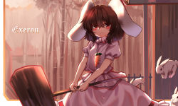 Rule 34 | 1girl, absurdres, animal, animal ears, artist name, bamboo, bamboo forest, belt, black eyes, border, breasts, brown hair, carrot necklace, chinese commentary, closed mouth, colored skin, commentary request, dress, fence, forest, hair between eyes, hammer, highres, holding, holding weapon, house, inaba tewi, jewelry, jumping, looking at viewer, nature, necklace, outdoors, outside border, pink dress, puffy short sleeves, puffy sleeves, rabbit, rabbit ears, rabbit tail, red belt, red eyes, short hair, short sleeves, small breasts, smile, solo, standing, tail, top-exerou, touhou, weapon, white border, white skin