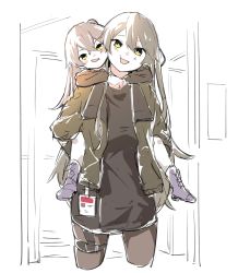 Rule 34 | 2girls, boots, brown hair, carrying, cheek-to-cheek, commentary request, girls&#039; frontline, grey hair, heads together, highres, id card, jacket, multiple girls, pantyhose, piggyback, scar, scar across eye, scar on face, shinoe nun, siblings, sisters, ump40 (girls&#039; frontline), ump45 (girls&#039; frontline), aged down