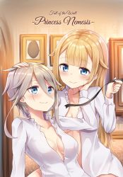 Rule 34 | 2girls, ange (princess principal), black ribbon, blonde hair, blue eyes, blush, breasts, closed mouth, collarbone, commentary request, eye contact, flower, grey hair, hair flower, hair ornament, hand on another&#039;s cheek, hand on another&#039;s face, highres, holding, holding ribbon, indoors, long hair, long sleeves, looking at another, medium breasts, multiple girls, open clothes, open shirt, picture frame, piripun, princess (princess principal), princess principal, ribbon, shirt, sideboob, sitting, smile, undressing, very long hair, white shirt, yuri