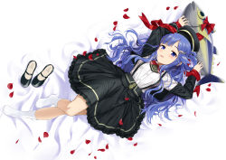 Rule 34 | 1girl, absurdres, asari nanami, bed sheet, black footwear, black hat, black jacket, black skirt, blue eyes, blue hair, blush, bow, commentary request, cropped jacket, diagonal-striped clothes, diagonal-striped skirt, frilled skirt, frills, from above, full body, hair ornament, hairclip, hat, highres, idolmaster, idolmaster cinderella girls, jacket, knee up, kneehighs, long hair, long sleeves, looking at viewer, lying, mary janes, nutsiqu, on back, open mouth, petals, red bow, red neckwear, red ribbon, ribbon, shirt, shoes, skirt, smile, socks, solo, striped clothes, stuffed animal, stuffed fish, stuffed toy, suspender skirt, suspenders, teeth, unworn shoes, upper teeth only, wavy hair, white shirt, white socks