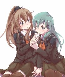 Rule 34 | 10s, 2girls, blazer, blue eyes, brown hair, brown legwear, brown skirt, green eyes, hair ornament, hairclip, high ponytail, holding hands, jacket, kantai collection, kumano (kancolle), long hair, looking at another, multiple girls, one eye closed, pleated skirt, ploki, school uniform, simple background, sitting, skirt, suzuya (kancolle), thighhighs, white background