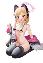 Rule 34 | 1girl, bare arms, bare shoulders, bikini, unworn bikini bottom, black bikini, black thighhighs, blonde hair, blue archive, blush, bow, breasts, hair bow, highres, holding, holding clothes, holding swimsuit, jacket, kneeling, looking at viewer, medium hair, micro bikini, momoi (blue archive), pink bow, pink eyes, sidelocks, simple background, small breasts, solo, suye, sweat, swimsuit, tears, thighhighs, white background, white jacket