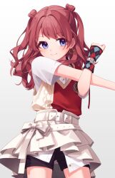 Rule 34 | 039nagyo, 1girl, absurdres, belt, bike shorts, black shorts, blue eyes, blush, collared shirt, earrings, fingerless gloves, gakuen idolmaster, gloves, hanami saki, heart, heart earrings, highres, idolmaster, jewelry, long hair, looking at viewer, red hair, revision, shirt, shorts, simple background, skirt, smile, solo, stretching, sweater vest, two side up, white background