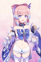 Rule 34 | 1girl, bare shoulders, blue hair, blunt bangs, bow, bowtie, breasts, cleavage, cowboy shot, detached collar, frilled sleeves, frills, genshin impact, gloves, hair ornament, highres, lifting own clothes, ling huanxiang, long hair, looking at viewer, midriff, multicolored hair, navel, open mouth, pink background, pink hair, purple eyes, sangonomiya kokomi, short shorts, shorts, simple background, smile, solo, sparkle, stomach, sweatdrop, thighhighs, two-tone hair, white gloves, wide sleeves