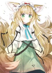 Rule 34 | 1girl, alternate costume, animal ear fluff, animal ears, arknights, black collar, blonde hair, blue bow, blue bowtie, blush, bow, bowtie, closed mouth, collar, colored tips, commentary, fox ears, fox girl, fox tail, green eyes, green skirt, highres, infection monitor (arknights), kitsune, kyuubi, long skirt, long sleeves, looking at viewer, multicolored hair, multiple tails, ryoma (rym 369), shirt, simple background, skirt, sleeves past wrists, solo, suzuran (arknights), tail, two-tone hair, white background, white hair, white shirt
