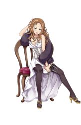 Rule 34 | 1girl, annette grace, black thighhighs, blue eyes, bracelet, breasts, brown hair, chair, cleavage, dress, full body, fur scarf, hand on own head, hand up, high heels, highres, jewelry, knife, long hair, looking at viewer, medium breasts, necklace, official art, princess principal, princess principal game of mission, sitting, solo, thighhighs, throwing knife, transparent background, weapon, white dress, yellow footwear