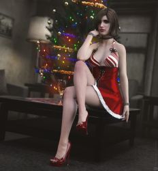 Rule 34 | 1girl, 3d, artist request, bare legs, bare shoulders, breasts, brown hair, christmas, cleavage, dress, eileen galvin, full body, highres, lips, looking at viewer, medium breasts, red dress, shiny skin, short hair, silent hill, silent hill (series), silent hill 4: the room, sitting, solo, standing, thighs, wide hips