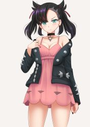 Rule 34 | 1girl, aqua eyes, bare shoulders, black choker, black hair, black jacket, black nails, blush, breasts, chemise, choker, cleavage, collarbone, commentary, cowboy shot, creatures (company), dress, earrings, game freak, grey background, hair ribbon, hand up, highres, jacket, jewelry, kazenokaze, long hair, long sleeves, looking at viewer, marnie (pokemon), medium breasts, nail polish, nintendo, off shoulder, open clothes, open jacket, pink dress, pointy hair, pokemon, pokemon swsh, red ribbon, ribbon, short dress, simple background, solo, spaghetti strap, standing, thighs, twintails