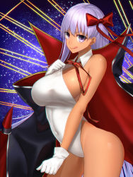 Rule 34 | 1girl, bare shoulders, bb (fate), bb (fate) (all), bb (swimsuit mooncancer) (fate), bb (swimsuit mooncancer) (third ascension) (fate), black coat, bow, breasts, closed mouth, coat, covered navel, fate/grand order, fate (series), gloves, hair bow, highres, hip focus, large breasts, leotard, leotard pull, licking lips, long hair, looking at viewer, minami koyogi, neck ribbon, popped collar, purple eyes, purple hair, red bow, red ribbon, ribbon, sky, smile, solo, star (sky), starry sky, tan, tongue, tongue out, very long hair, white gloves, white leotard