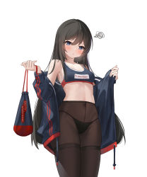Rule 34 | 1girl, armpits, arms up, black hair, black panties, black pantyhose, blue eyes, breasts, collarbone, covered navel, cowboy shot, crotch seam, frilled panties, frills, highres, jacket, jersey, lingerie, long hair, looking at viewer, looking down, midriff, mungersky, open clothes, open jacket, original, panties, panties under pantyhose, pantyhose, signature, simple background, small breasts, solo, sports bra, sweat, thighs, underwear, undressing, very long hair, white background