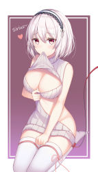 Rule 34 | 1girl, absurdres, azur lane, blush, breasts, character name, cleavage, commentary request, hair between eyes, heart, highres, large breasts, lin (user uzmw2535), looking at viewer, meme attire, no panties, no shoes, red eyes, revealing clothes, short hair, sirius (azur lane), solo, thighhighs, virgin killer sweater, white hair, white thighhighs
