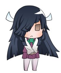 Rule 34 | 1girl, :&lt;, black hair, blush, bow, brown eyes, closed mouth, dress, full body, green bow, gurageida, hair over one eye, hair ribbon, hayashimo (kancolle), kantai collection, long hair, long sleeves, looking at viewer, no shoes, own hands together, pantyhose, pleated dress, purple dress, purple pantyhose, ribbon, shirt, simple background, sleeveless, sleeveless dress, sleeves past wrists, solo, standing, v-shaped eyebrows, very long hair, white background, white ribbon, white shirt