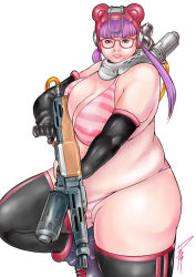 Rule 34 | 1girl, bad id, bad pixiv id, bad proportions, bikini, breasts, cleavage, fat, glasses, gun, helmet, kusagami style, large breasts, lips, looking at viewer, obese, original, purple hair, signature, simple background, solo, swimsuit, thighhighs, weapon, white background