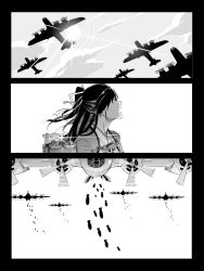 Rule 34 | 10s, 1girl, aircraft, airplane, asakawa (outeq), bad id, bad pixiv id, bomb, cloud, cloudy sky, comic, explosive, female focus, greyscale, hair ribbon, japanese clothes, kantai collection, katsuragi (kancolle), long hair, looking at another, looking up, monochrome, ponytail, ribbon, shaded face, siblings, sisters, sky, solo, text focus, translation request