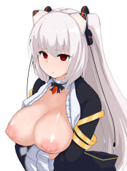 Rule 34 | animal ears, arms under breasts, black jacket, blush, breasts, breasts out, cleavage, collar, fake animal ears, frilled sleeves, frills, hair between eyes, highres, jacket, large breasts, long hair, nipples, nora cat, nora cat channel, nose blush, open clothes, open shirt, red eyes, simple background, twintails, underwear, varitora, virtual youtuber, white background, white hair, wide sleeves