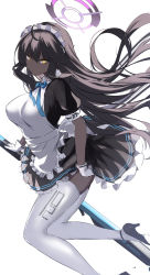 Rule 34 | 1girl, apron, aqua ribbon, black hair, blue archive, blue neckwear, breasts, dark-skinned female, dark skin, gloves, halo, high heels, highres, karin (blue archive), large breasts, long hair, looking at viewer, maid headdress, ribbon, solo, spider apple, thighhighs, very long hair, white apron, white gloves, white thighhighs, yellow eyes