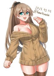 Rule 34 | 1girl, absurdres, breasts, brown cardigan, brown hair, brown thighhighs, cardigan, cleavage, cowboy shot, dated, green eyes, hair ornament, highres, kantai collection, katou shinobu, kumano (kancolle), large breasts, long hair, one-hour drawing challenge, ponytail, simple background, solo, thighhighs, twitter username, white background