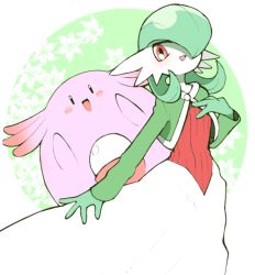 Rule 34 | 2girls, arms up, black eyes, blush, blush stickers, capelet, chansey, colored skin, creatures (company), egg, female focus, game freak, gardevoir, gen 1 pokemon, gen 3 pokemon, green background, green capelet, green hair, green skin, hair over one eye, hand on own chest, hand up, happy, long sleeves, minashirazu, multicolored skin, multiple girls, nintendo, open mouth, pokemon, pokemon (creature), red eyes, red shirt, shirt, short hair, smile, standing, two-tone background, two-tone skin, white skin