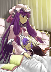 Rule 34 | 2girls, blue hair, blush, book, bow, breasts, couch, crescent, curtains, dress, closed eyes, female focus, hair ribbon, hand on head, hat, hat bow, horns, long hair, multicolored hair, multiple girls, open book, open mouth, patchouli knowledge, purple eyes, purple hair, ribbon, short hair, sidelocks, sitting, sleeping, smile, tokiko (touhou), touhou, tsuji kazuho, tsuji kazuo, two-tone hair, white hair, wings