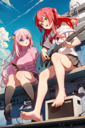 Rule 34 | 2girls, bare legs, barefoot, blue eyes, bocchi the rock!, commentary request, cube hair ornament, electric guitar, feet, geduan, gotoh hitori, green eyes, guitar, hair ornament, highres, holding, holding instrument, instrument, jacket, kita ikuyo, legs, multiple girls, no shoes, one side up, open mouth, pink hair, pink jacket, pink track suit, red hair, revision, socks, soles, toenails, toes, track jacket