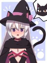 Rule 34 | 1girl, @ @, animal ears, ayachi nene, belt, belt bra, belt collar, black cat, black cloak, black hat, blue background, blush, border, bow, breasts, cat, cat ears, cat girl, cat tail, cleavage, cloak, collar, commentary, detached sleeves, ears through headwear, embarrassed, eyes visible through hair, full-face blush, grey hair, hair between eyes, hat, hat bow, highres, kemonomimi mode, large breasts, long hair, mahigu re, notice lines, open mouth, paw print, pink belt, pink bow, purple eyes, sanoba witch, simple background, solo, souma nanao, speech bubble, straight-on, straight hair, sweatdrop, symbol-only commentary, tail, tail raised, tearing up, tears, upper body, very long hair, white border, witch hat