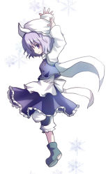 Rule 34 | 1girl, ankle boots, apron, arms up, black footwear, blue dress, blush, boots, dorua (dollar), dress, female focus, from side, full body, leg up, letty whiterock, long sleeves, purple eyes, purple hair, short hair, simple background, smile, solo, standing, standing on one leg, touhou, waist apron, white background