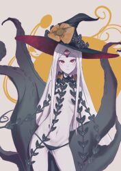Rule 34 | 1girl, abigail williams (fate), abigail williams (third ascension) (fate), black bow, black hat, black panties, blush, bow, breasts, closed mouth, colored skin, fate/grand order, fate (series), flower, hat, hat bow, hat flower, keyhole, long hair, looking at viewer, navel, orange bow, pale skin, panties, parted bangs, polka dot, polka dot bow, red eyes, revealing clothes, small breasts, solo, standing, tentacles, third eye, topless, underwear, very long hair, white hair, white skin, witch hat, zilia