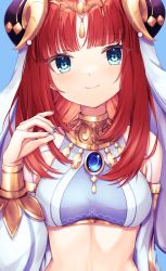 Rule 34 | 1girl, blue background, blue eyes, blue nails, blush, breasts, brooch, circlet, closed mouth, crop top, genshin impact, gold trim, hand up, highres, horns, jewelry, long hair, long sleeves, looking at viewer, medium breasts, miitaodao, nail polish, neck ring, nilou (genshin impact), parted bangs, puffy long sleeves, puffy sleeves, red hair, shrug (clothing), sidelocks, simple background, smile, solo, stomach, upper body, vambraces, veil