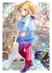 Rule 34 | 1girl, ayase eli, blonde hair, blue jacket, blue skirt, blurry, blurry background, blush, bridge, brown footwear, closed mouth, commentary request, depth of field, fringe trim, full body, fur-trimmed hood, fur trim, hand up, hood, hood down, hooded jacket, jacket, kou hiyoyo, long sleeves, looking at viewer, love live!, love live! school idol project, pants, pants under skirt, pleated skirt, ponytail, railing, red pants, scarf, shoes, skirt, smile, solo, track pants, white scarf