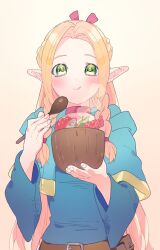 Rule 34 | 1girl, belt pouch, blonde hair, blue capelet, blue robe, blush, bowl, braid, brown background, capelet, dungeon meshi, eating, elf, food, french braid, gradient background, green eyes, highres, holding, holding bowl, holding spoon, hood, hood down, hooded capelet, long hair, long sleeves, looking at viewer, marcille donato, multiple braids, mushroom, parted bangs, pointy ears, pouch, robe, side braid, solo, spoon, steam, valentine (02140314c), white background