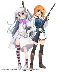 Rule 34 | 2girls, black thighhighs, blue eyes, boots, bow, bracelet, brown eyes, copyright notice, frown, full body, gun, hand on own hip, higurashi no naku koro ni, jewelry, looking at viewer, machete, mary janes, multiple girls, non-web source, orange hair, pleated skirt, riding boots, rifle, school uniform, scope, shoes, simple background, skirt, smile, socks, striped clothes, striped socks, striped thighhighs, suppressor, thighhighs, trigger discipline, watanabe akio, weapon, white background