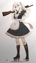 Rule 34 | 1girl, ahoge, alternate costume, animal ears, apron, black bow, black bowtie, black dress, black footwear, black legwear, boots, bow, bowtie, breasts, carrying over shoulder, closed mouth, commentary request, dress, enmaided, frilled dress, frills, full body, grey eyes, gun, hair between eyes, hand on own hip, high heel boots, high heels, highres, holding, holding gun, holding weapon, hololive, homura minori, knee boots, large breasts, lion ears, lion girl, long hair, looking at viewer, maid, maid day, platform footwear, platform heels, puffy short sleeves, puffy sleeves, shishiro botan, short dress, short sleeves, shotgun, shotgun shell, sidelocks, silver hair, smile, solo, two side up, virtual youtuber, waist apron, weapon, white apron