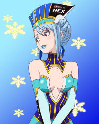 Rule 34 | 10s, 1girl, anifamu, bare shoulders, blue eyes, blue hair, blue rose (tiger &amp; bunny), blue theme, breasts, cleavage, earrings, elbow gloves, gloves, jewelry, karina lyle, lipstick, makeup, matching hair/eyes, medium breasts, pepsi nex, product placement, short hair, solo, superhero costume, tiger &amp; bunny