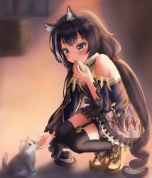 Rule 34 | 1girl, absurdres, animal ear fluff, animal ears, bare shoulders, black hair, black ribbon, black thighhighs, blurry, blurry background, blush, bow, cat, cat ears, cat girl, cat tail, commentary, detached sleeves, drill hair, evening, feeding, frills, gem, green eyes, highres, huge filesize, karyl (princess connect!), kuma piv, long hair, looking at another, multicolored hair, princess connect!, purple skirt, red bow, ribbon, shirt, sidelocks, skirt, sleeveless, sleeveless shirt, solo, squatting, streaked hair, tail, thighhighs, twin drills, white hair, wide sleeves