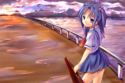 Rule 34 | 00s, 1girl, baisi shaonian, blue hair, clannad, cloud, hair bobbles, hair ornament, highres, ichinose kotomi, long hair, purple eyes, school uniform, sky, solo, sunset, twintails, two side up, violin case, water