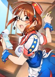 Rule 34 | 1girl, akizuki ritsuko, antenna hair, apron, blue skirt, blue wrist cuffs, blurry, blush, braid, breasts, brown eyes, brown hair, burger skater (idolmaster), chair, depth of field, frilled apron, frills, from side, glasses, grey-framed eyewear, hands up, hat, headset, holding, holding menu, holding pen, idolmaster, idolmaster (classic), idolmaster million live!, idolmaster million live! theater days, indoors, large breasts, looking at viewer, menu, momo no suidou-sui, open mouth, pen, print headwear, red hat, shirt, short sleeves, skirt, solo, star (symbol), star print, suspender skirt, suspenders, sweat, table, teeth, upper body, upper teeth only, waist apron, waitress, white apron, white shirt, window, wrist cuffs