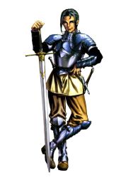 Rule 34 | 1boy, arm guards, armor, belt, black hair, blue eyes, boots, breastplate, dagger, full body, greatsword, greaves, hand on own hip, kashell, knee boots, knee pads, knife, knight, looking at viewer, male focus, official art, short hair, shoulder pads, sidelocks, simple background, smile, solo, standing, sword, valkyrie profile (series), weapon, white background, yoshinari kou, yoshinari you